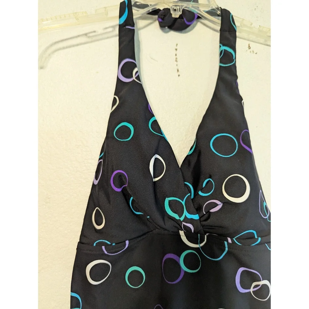 Miraclesuit Womens Halter One‎ Piece Swimsuit Black Geometric Circle Print 10